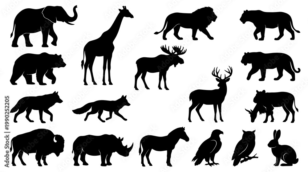 Obraz premium Black White Silhouette Animals Vector - Wildlife Icons