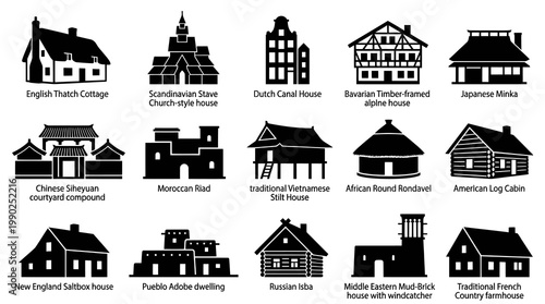 Architecture  Housing: Global Traditional House Silhouette Icons Set