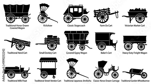 Traditional Historical Transportation Carts Wagons Carriages Black Silhouette Vector Icons Set