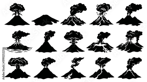 Nature Volcanoes Eruptions Silhouette Vector Icon Set