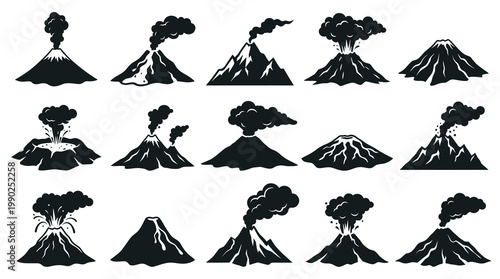 Nature Geology Volcano Glyph Icons Set - Erupting Mountains Silhouette Collection
