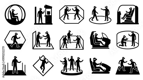 Virtual Reality Gaming and Technology Black  White Glyph Icons Set