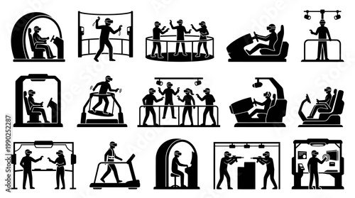 Virtual Reality VR Technology Gaming Entertainment Icons Black White Glyph Set