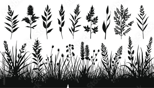 Leaves are depicted as a comprehensive set of solid black silhouettes featuring diverse shapes and sizes, organized in a grid format to serve as a library of botanical assets for graphic designers.