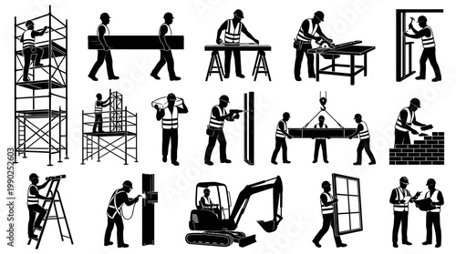 Construction Worker Icons Set. Building Industry Black  White Silhouette Glyphs