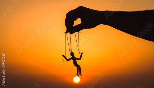 Silhouette hand holding puppet against vivid orange sunset backdrop