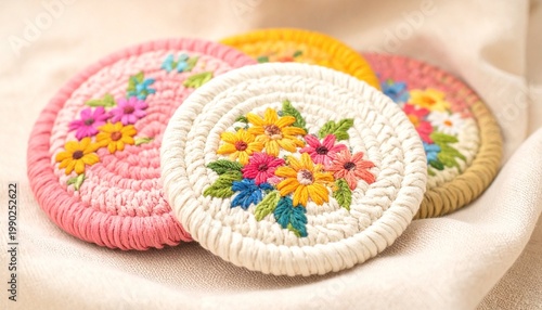 Colorful floral embroidery hoops on light fabric background