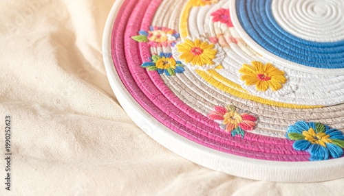 Colorful floral embroidery hoops on light fabric background