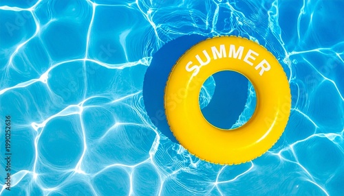 Bright yellow swim ring floating in clear blue pool water