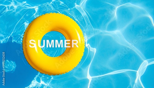 Bright yellow swim ring floating in clear blue pool water