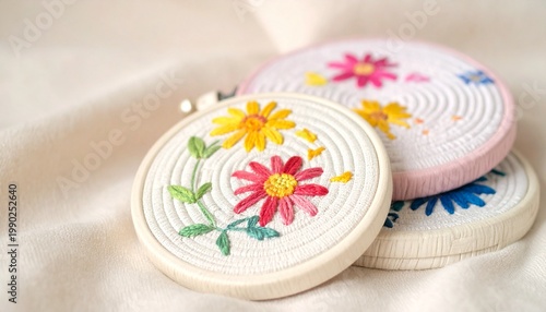 Colorful floral embroidery hoops on light fabric background
