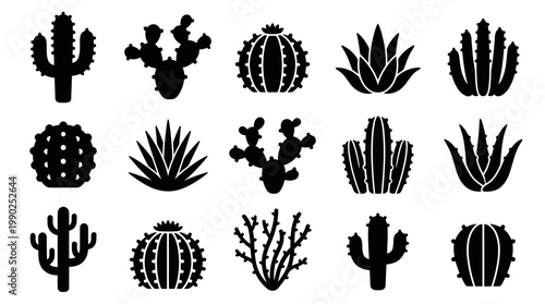 Gardening  Desert Plant Icons: Black and White Cactus  Succulent Glyphs Set