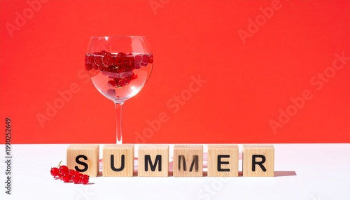 Refreshing summer drink with berries, vibrant red-white seasonal backdrop