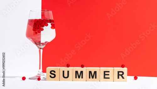 Refreshing summer drink with berries, vibrant red-white seasonal backdrop