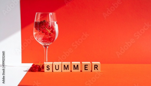 Refreshing summer drink with berries, vibrant red-white seasonal backdrop