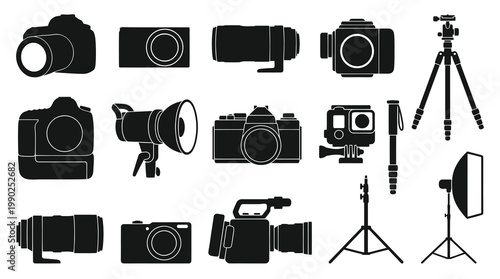 Photography and Video Camera Equipment Glyph Icons Set