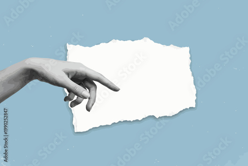 hand reaching out to touch white torn paper on blue background