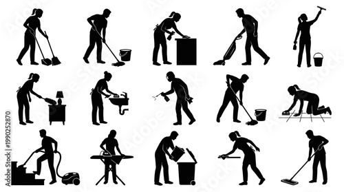 Black and White Silhouettes of People Cleaning, Housekeeping Icons, Vector Art