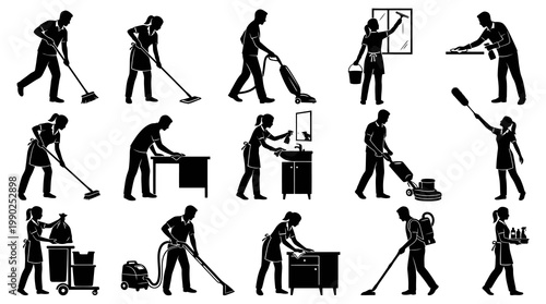 Black and White Silhouettes of Cleaning Professionals at Work