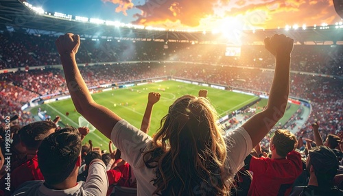 Sports fans cheer with hands raised celebrating a goal during a soccer match at a packed stadium during sunset with dramatic lighting illuminating the field
