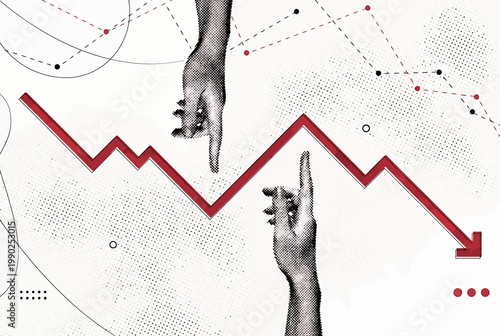hands pointing to a red declining graph with various lines and dots