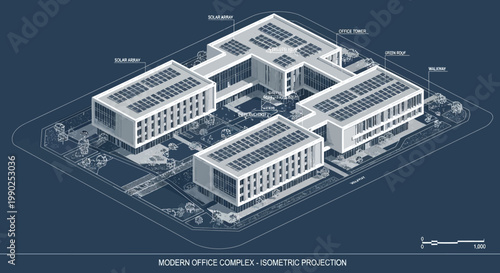 Isometric projection of a modern office complex with multiple buildings, solar panels, green roofs, and parking areas.