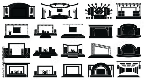 Black and White Icons of Stage and Event Setups, Performance Platforms