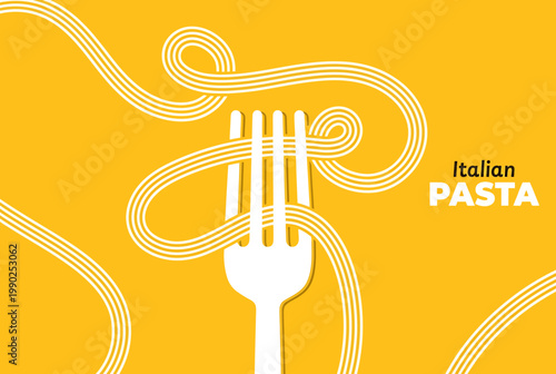 Italian pasta fork and spaghetti on yellow background