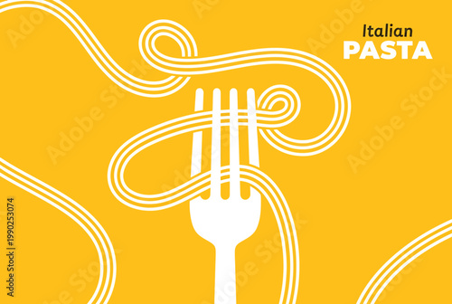 Italian pasta logo with fork and noodles on yellow background