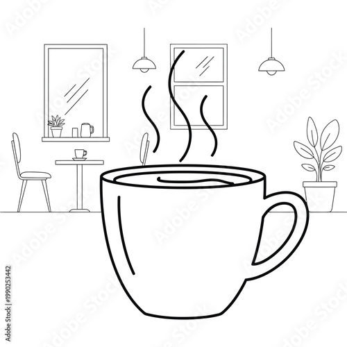 A simple line drawing depicts a steaming cup of coffee within a cozy indoor scene