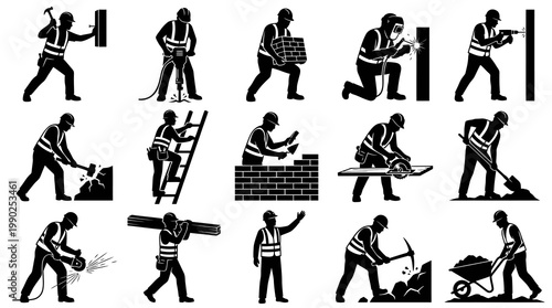 Construction Workers Silhouette Icons Set with Tools and Building Tasks Vector Glyphs