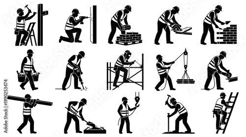 Construction worker icons set, black and white glyphs for building industry