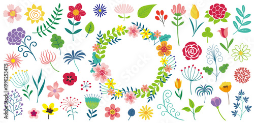Floral Frame And Elements Vector Illustration Set Isolated On A White Background.