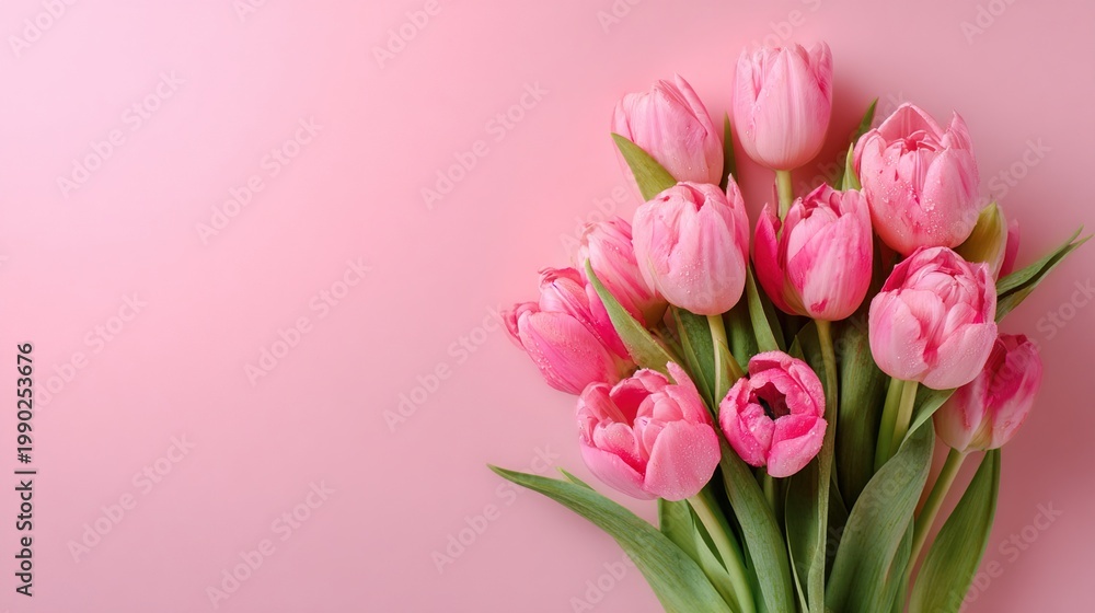 Obraz premium diffused. A bouquet of pink tulips arranged in a soft pastel composition, creating a spring floral aesthetic. gardening catalogs, home-decor guides, designed for gardening and botanical catalogs.