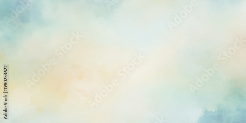 An abstract watercolor background features bright blue and white clouds in a sunny summer sky landscape with copy space and a soft light texture