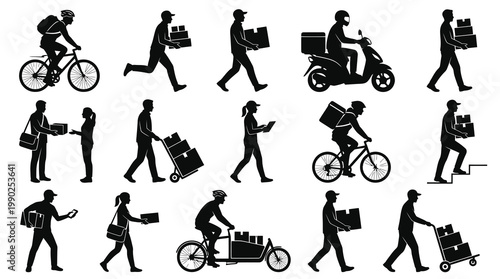 Delivery Person Silhouettes: Cyclists, Scooter Riders, Movers, Black  White Icons