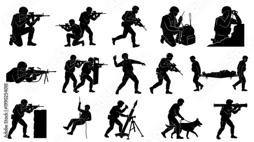 Military Soldiers and Special Forces Black  White Silhouette Glyph Set