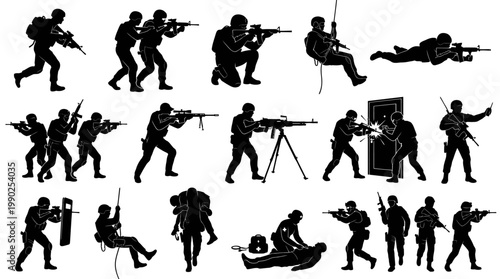 Military Soldiers Special Forces Silhouettes Vector Set - Army Tactical Operations  Rescue