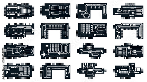 Biotechnology Microfluidic Chips Glyphs - Lab-on-a-Chip Science Technology Black  White Line Art Icons