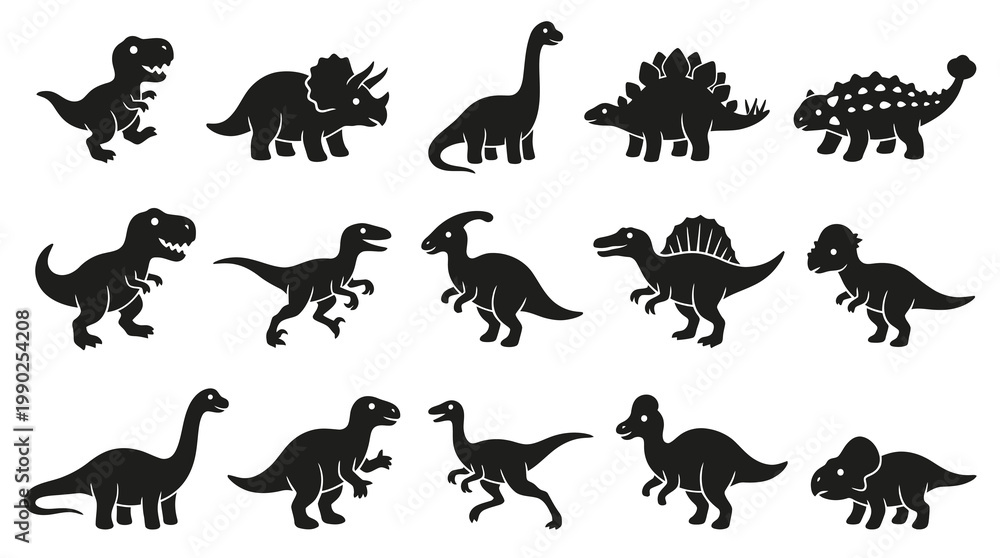 Fototapeta premium Cute Cartoon Dinosaur Glyphs Set - Prehistoric Animal Silhouettes for Kids Design