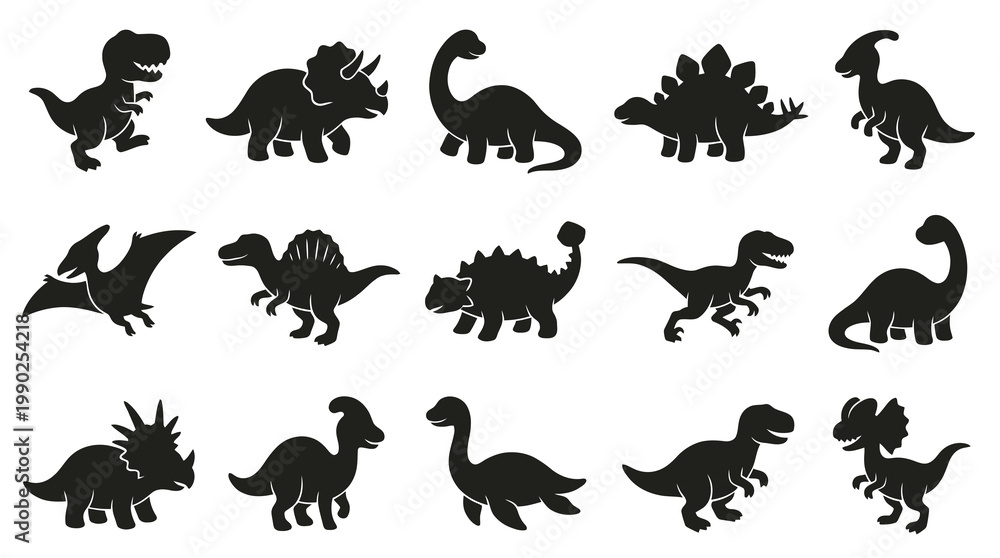 Obraz premium Prehistoric Dinosaurs Silhouette Set - Black Glyph Icons for Kids Education and Design