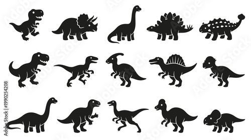 Cute Cartoon Dinosaur Glyphs Set - Prehistoric Animal Silhouettes for Kids Design
