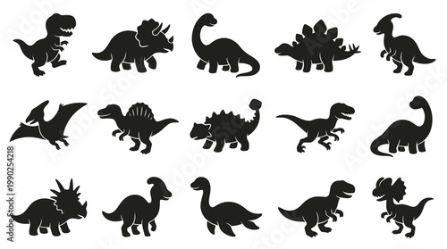 Prehistoric Dinosaurs Silhouette Set - Black Glyph Icons for Kids Education and Design