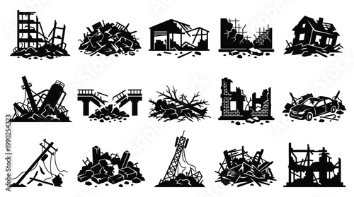 Disaster Damage Black White Silhouette Vector Icons: Ruined Buildings, Debris, and Wreckage