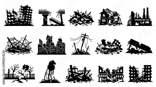 Disaster Ruins  Destruction Silhouette Icons Set - Damaged Buildings  Urban Collapse Glyphs