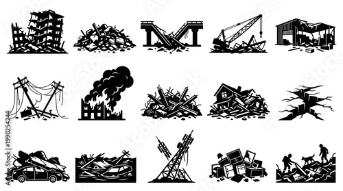Natural Disaster  Destruction Aftermath Black  White Glyph Icon Set