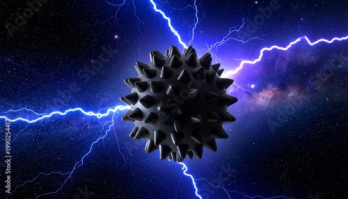 ABSTRACT SCI-FI METAL BALL WITH SHARP SPIKES AND LIGHTNING BOLTS