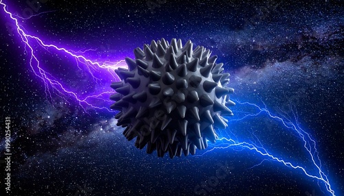 ABSTRACT SCI-FI METAL BALL WITH SHARP SPIKES AND LIGHTNING BOLTS