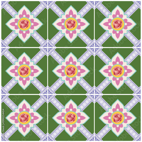 Colorful Peranakan Tile Seamless Pattern Set Vintage Floral Geometric Background Collection
