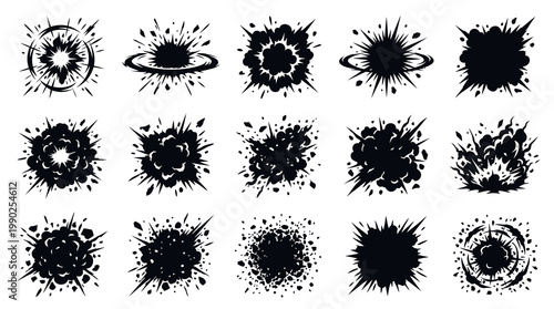 Comic Book  Graphic Design Black  White Explosion Burst Glyph Vector Set